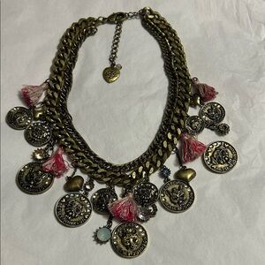 Betsey Johnson💕Cameo Critters Cartoon Pug Dog Cat Bronze Coin Tassel Necklace